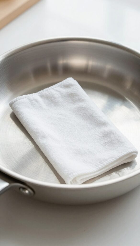 Close-up of a stainless steel frying pan bottom being wiped clean with a soft cloth, shiny reflection, bright natural light, kitchen background.