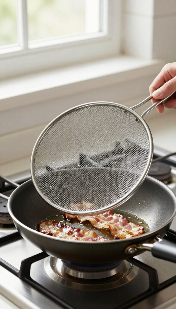 Splatter guard on frying pan catching grease on stove