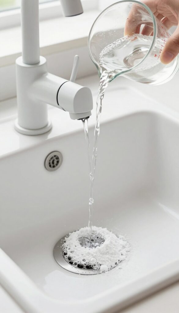 Pouring vinegar over borax powder in a kitchen sink drain to create a fizzing cleaning reaction