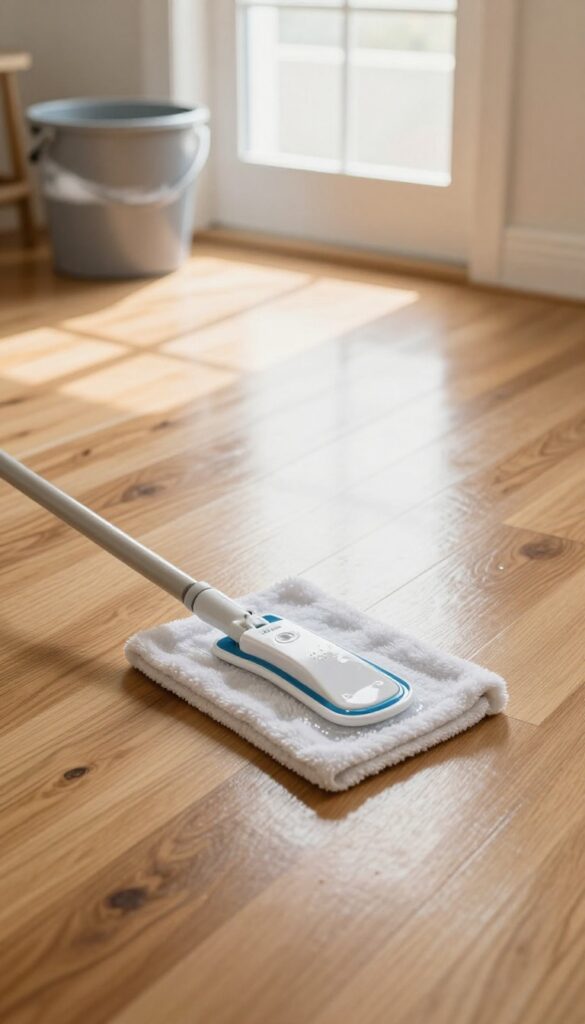 Mopping a hardwood floor with a damp mop in a sunlit room