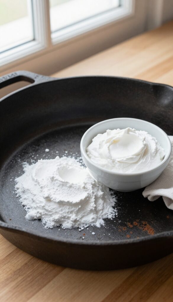 Cast iron skillet with light rust and a bowl of baking soda paste for cleaning