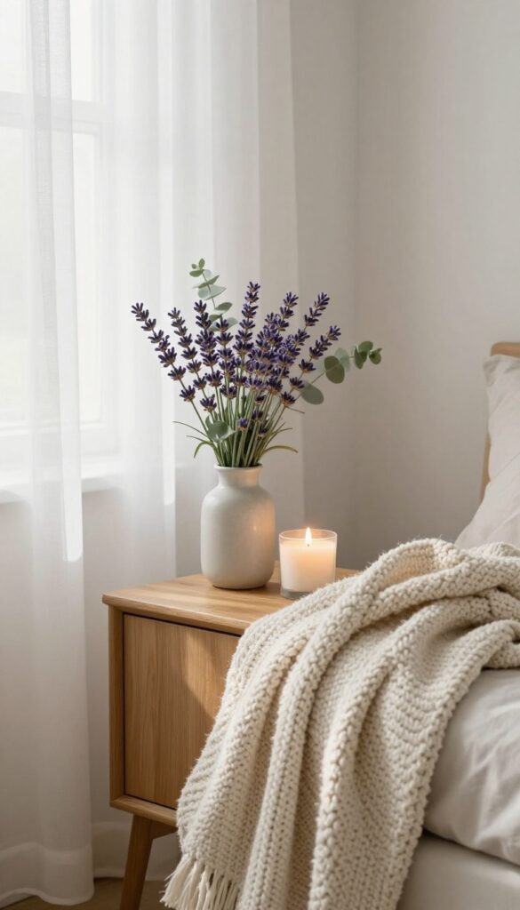 Cozy bedroom corner with fresh flowers, scented candle, and soft throw blanket