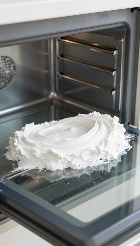 Baking soda paste applied to oven interior for cleaning baked-on grease