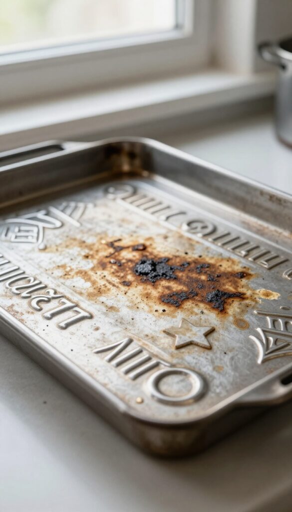 Vintage cookie sheet with embossing being professionally restored, showing contrast between burnt stains and clean metal