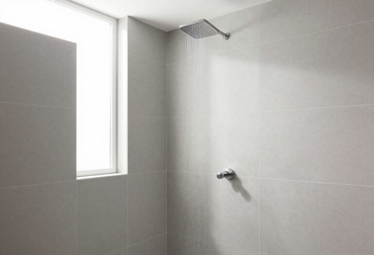 Modern shower with large-format gray porcelain tiles and rainfall showerhead