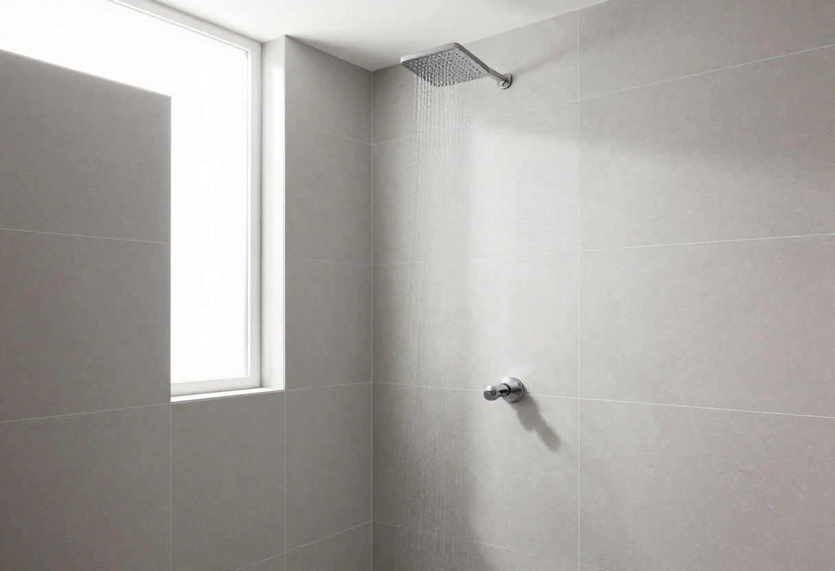 Modern shower with large-format gray porcelain tiles and rainfall showerhead