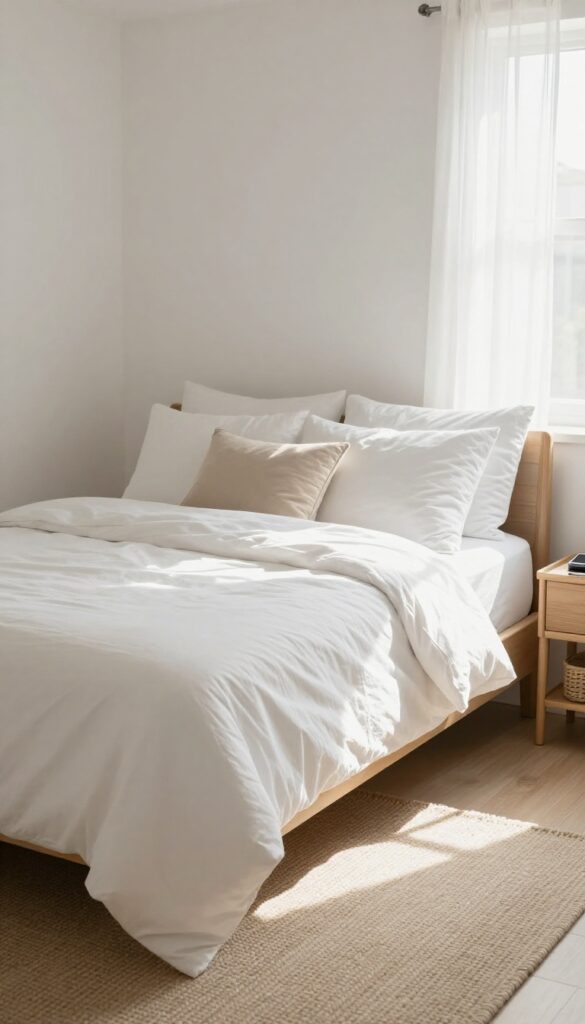 A clean, bright bedroom with a made bed and tidy nightstand, ready for a 10-minute tidy.