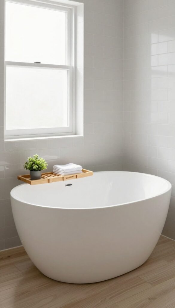 Modern bathroom with a freestanding tub that includes a built-in seat, natural lighting, and clean decor.
