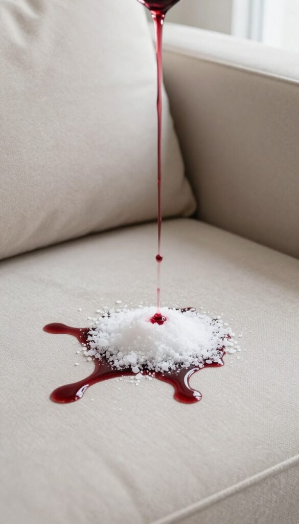 Pouring salt onto a red wine spill on a light beige sofa