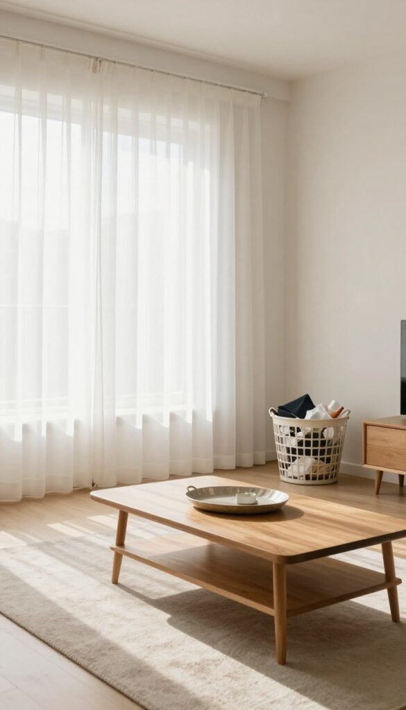 A clutter-free living room with a laundry basket of items by the door, ready for cleaning