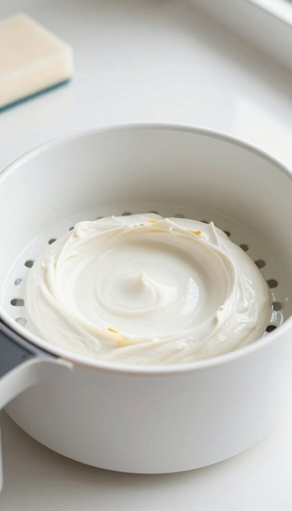 Cream of tartar paste applied to a stained air fryer basket, with a soft sponge nearby, in bright natural light.
