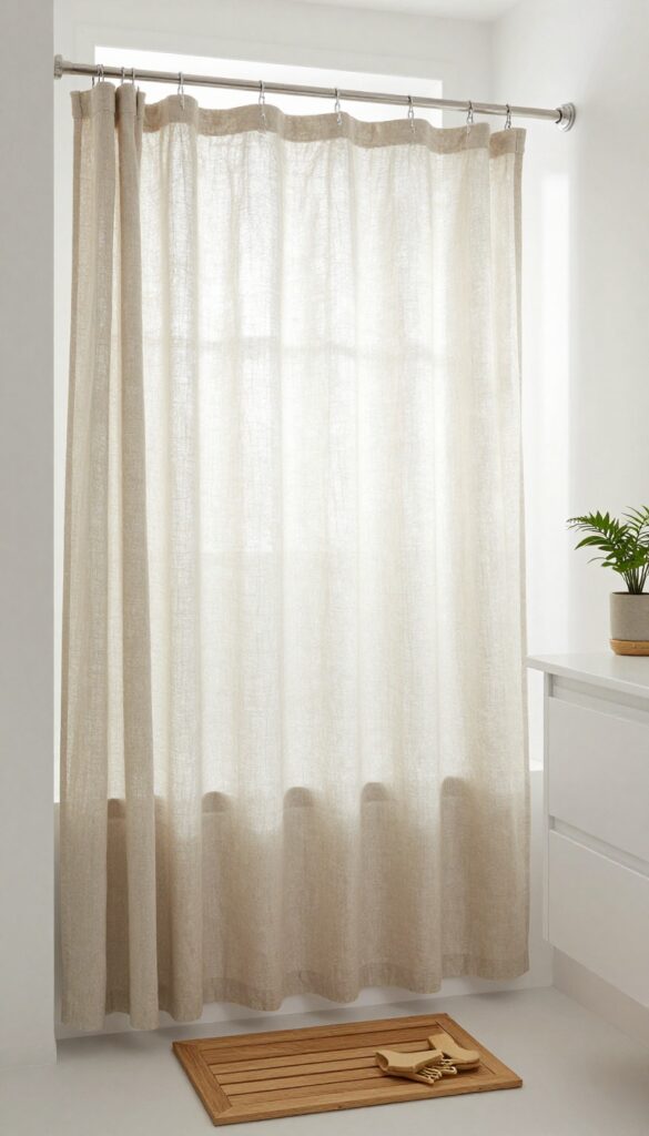 Floor-length linen shower curtain in a spa-like bathroom with natural light and wood accents