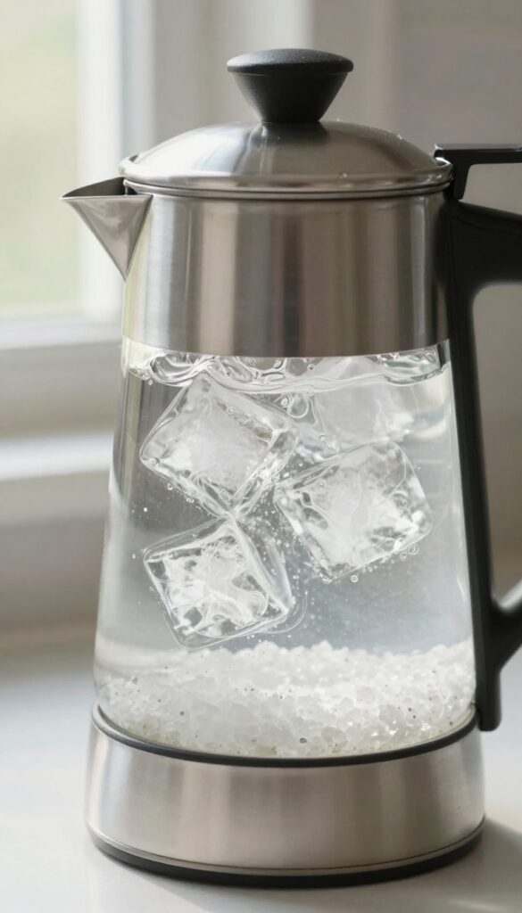 Swirling ice and coarse salt in a stainless steel thermal carafe to clean coffee buildup
