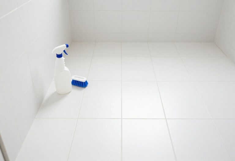 Clean tile grout floor with cleaning tools