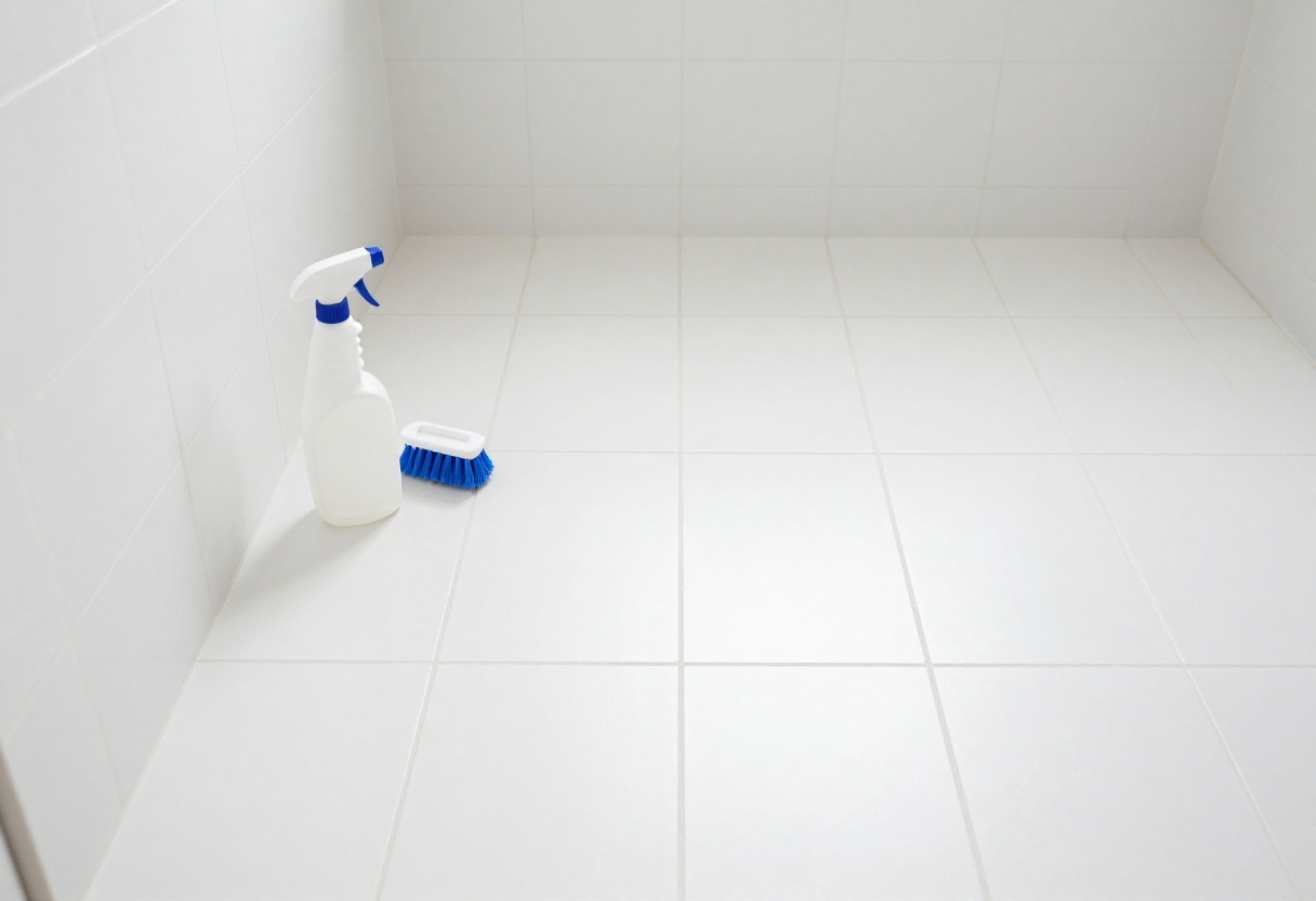 Clean tile grout floor with cleaning tools