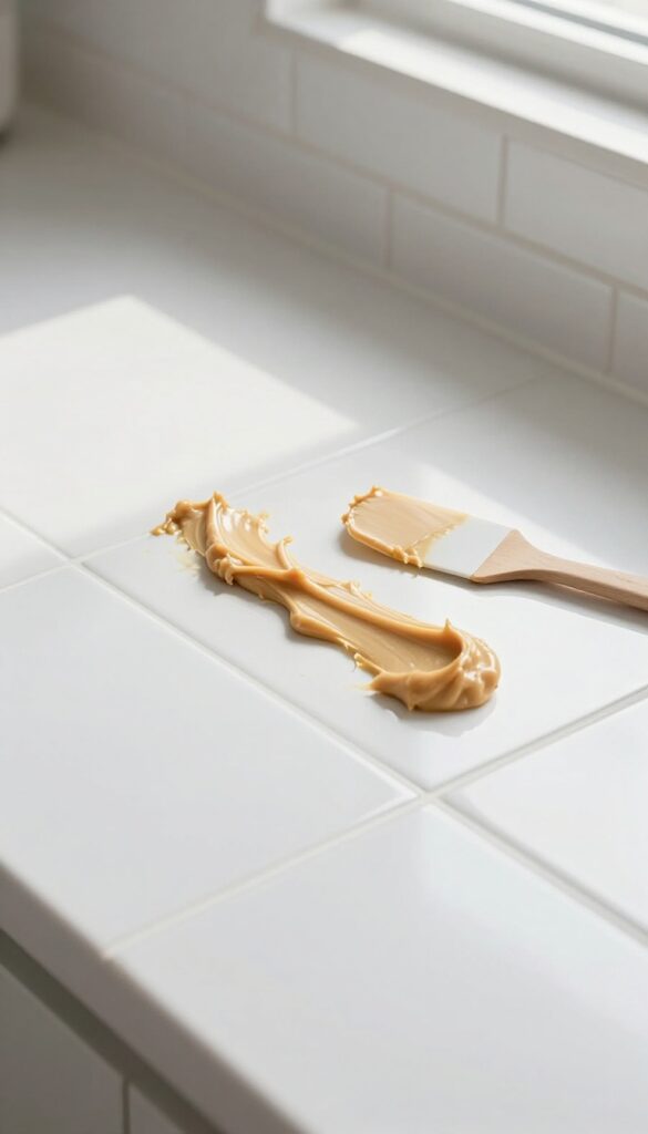 Close-up of white grout lines covered with a thick hydrogen peroxide and flour paste on a kitchen backsplash, with natural light and a spatula nearby.