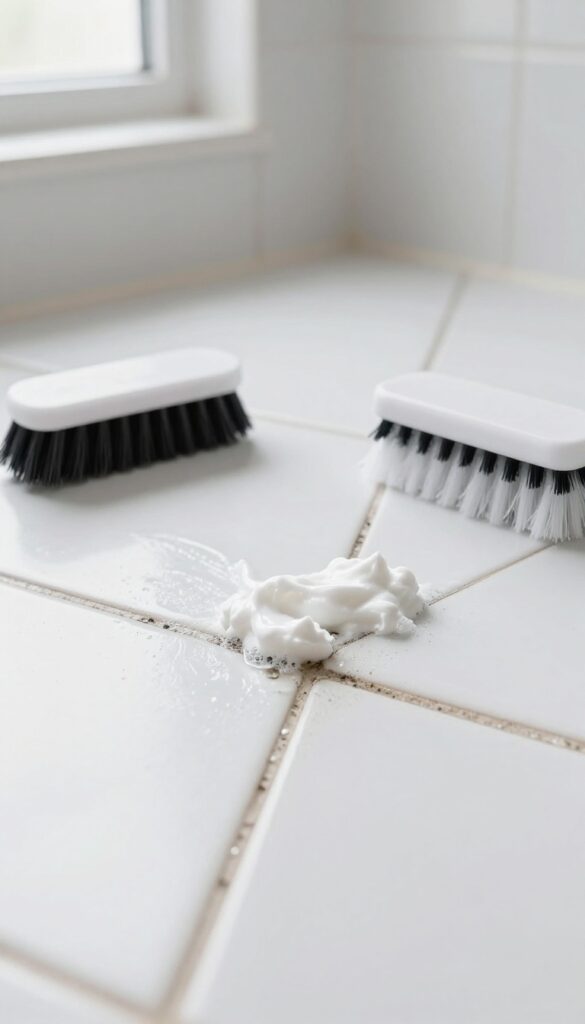 Baking soda and vinegar paste applied to dirty white grout on a bathroom floor, with a scrub brush nearby, bright natural light.