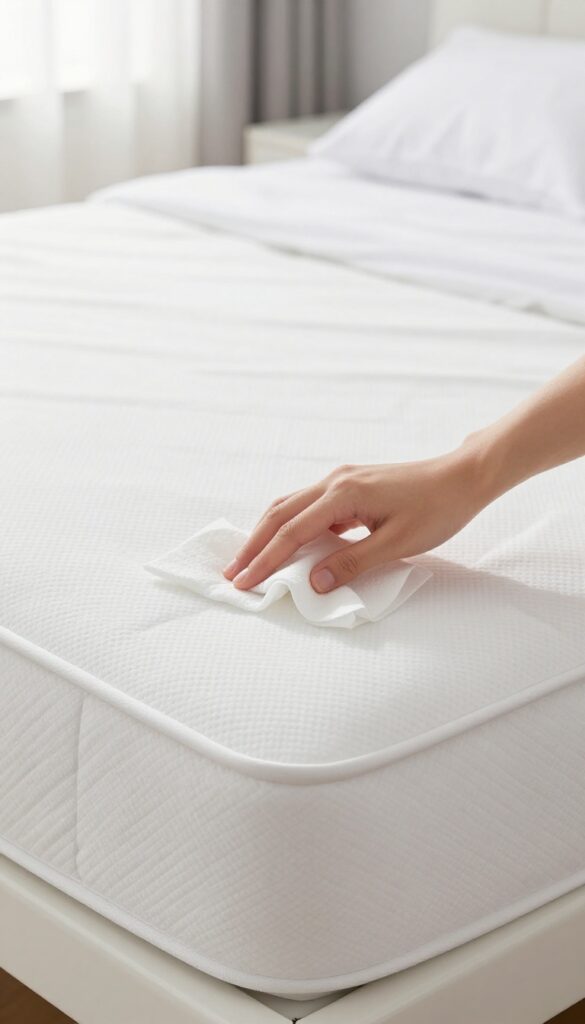 Hand blotting a wet spot on a white mattress with a paper towel