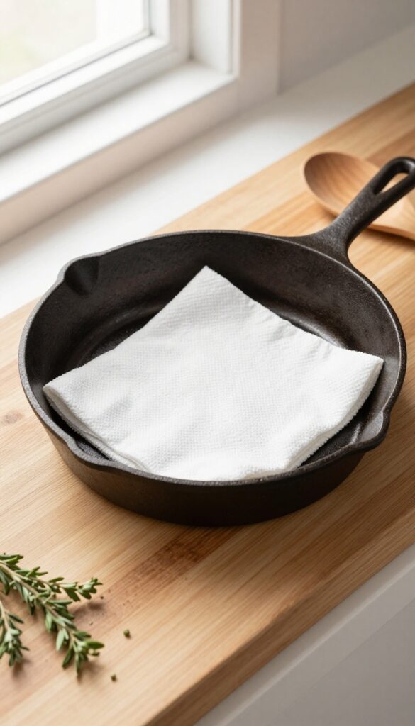 Cast iron skillet with a paper towel inside on a wooden counter