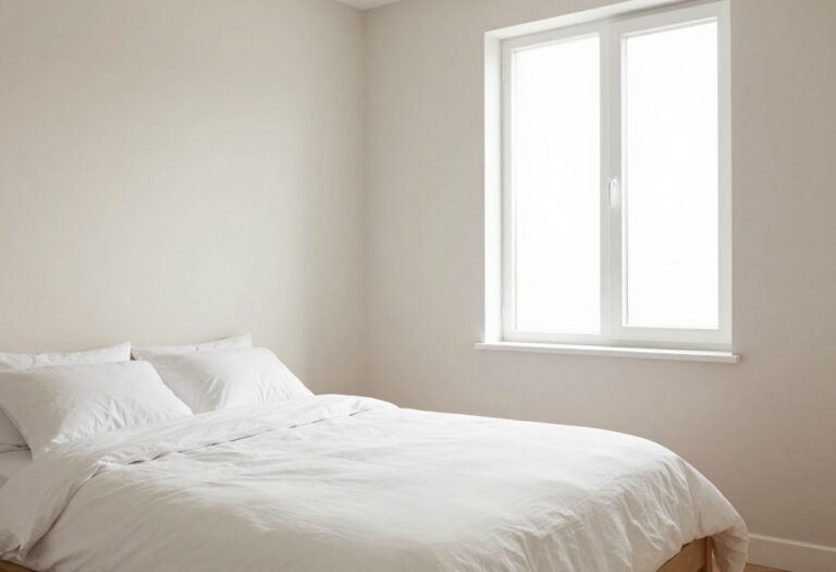 A clean and organized bedroom with a made bed and tidy surfaces, bathed in natural light.