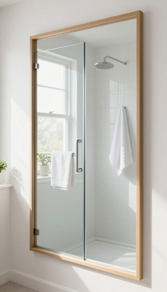 Frameless mirror reflecting light into a glass shower enclosure in a bright bathroom