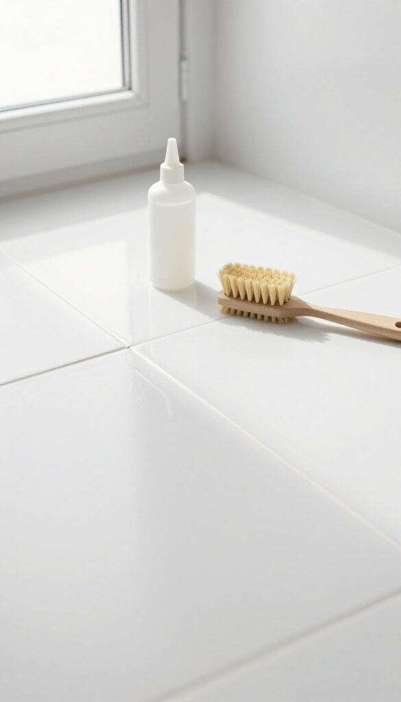 Sealing grout on a clean bathroom floor with a brush and sealer bottle