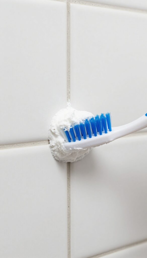 Close-up of a toothbrush with baking soda paste scrubbing grout lines on white shower tile
