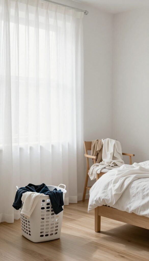A laundry basket filled with clothes in a tidy, sunlit bedroom, illustrating the laundry basket shuffle cleaning method.