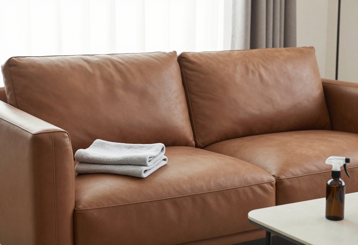 Clean brown leather couch in a bright living room with cleaning supplies on side table