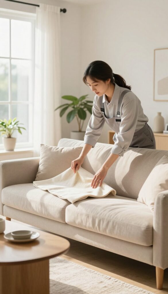 Sofa cleaning consultation with a professional listening to homeowner's concerns