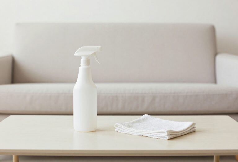 Clean upholstered sofa with cleaning supplies on coffee table