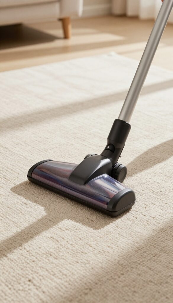 Hand vacuuming a beige rug diagonally in a bright living room
