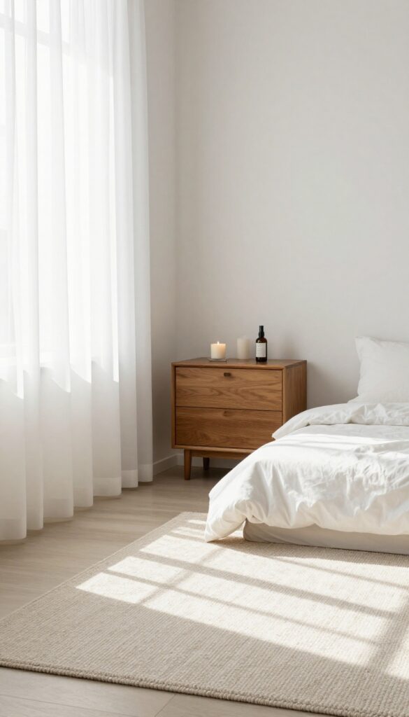 A clean, organized bedroom with natural light, a candle, and a room spray, showing the final touch after cleaning.