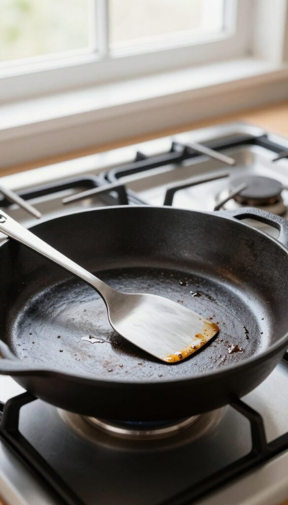 Close-up of a cast iron skillet with a metal spatula, showcasing the durable seasoning surface.