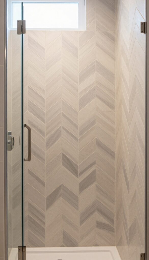 Bathroom shower with chevron pattern tile in neutral tones, bright natural light, modern design