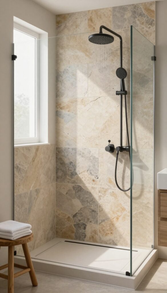 Natural stone tile shower with slate and travertine textures, earthy tones, matte black fixtures, and soft natural light
