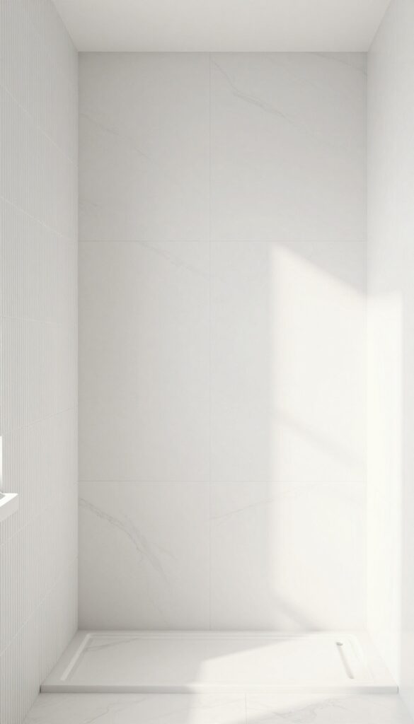 Small shower with large-format white tiles, minimal grout lines, vertical layout, and a textured accent wall.