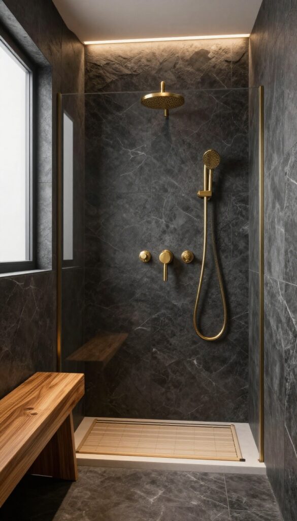 Dark slate shower with teak bench and warm lighting