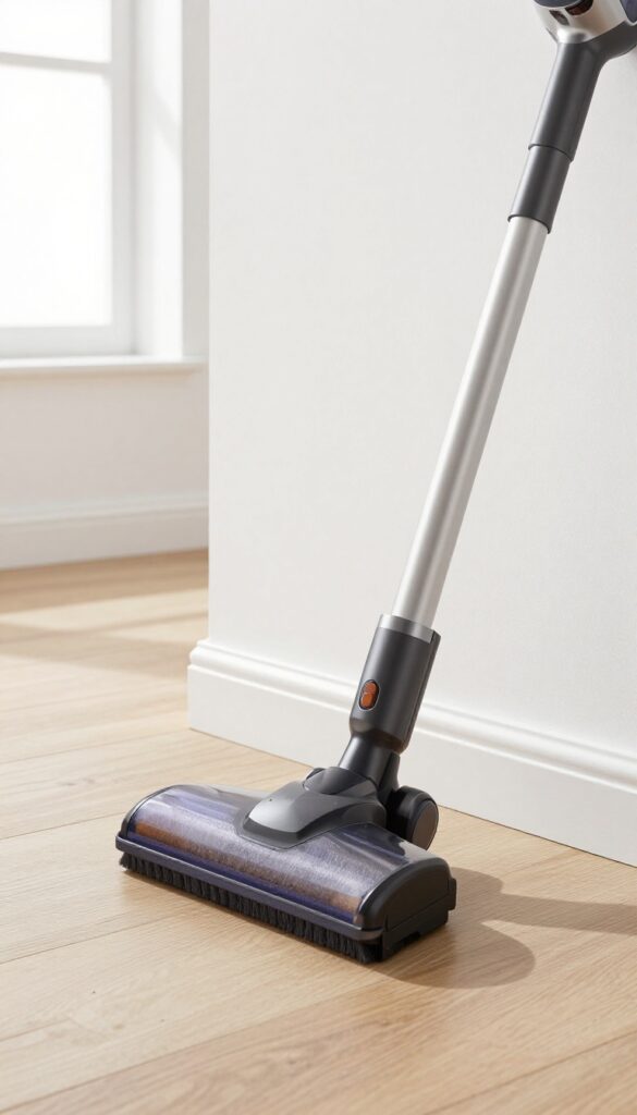 Vacuum with brush attachment cleaning a white baseboard in a bright, modern living room