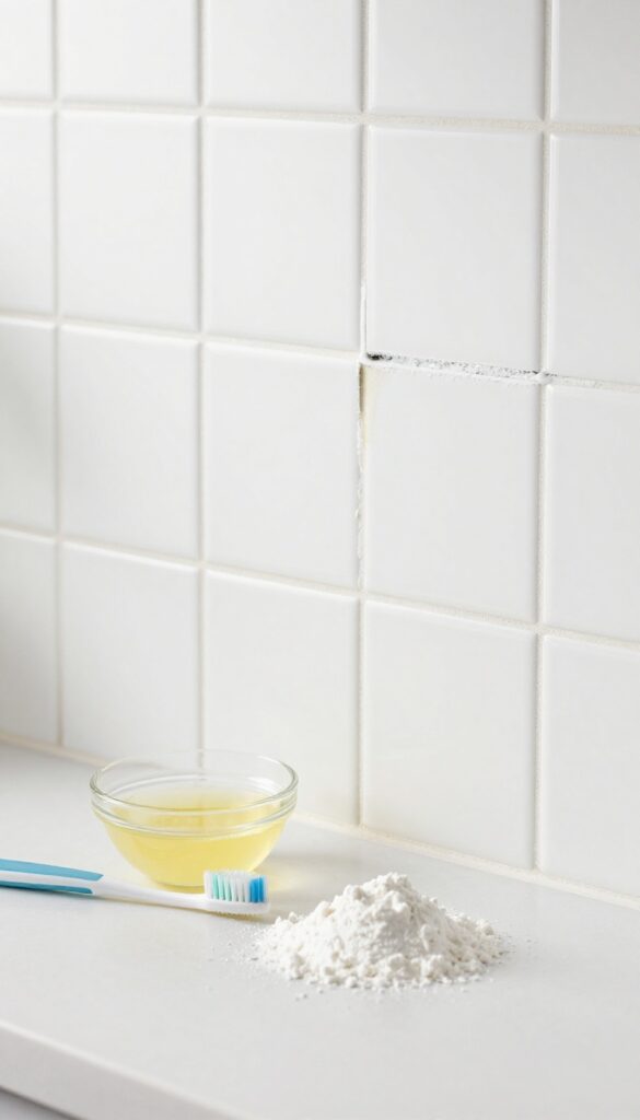 Lemon juice and cream of tartar paste being applied to white grout on a kitchen backsplash