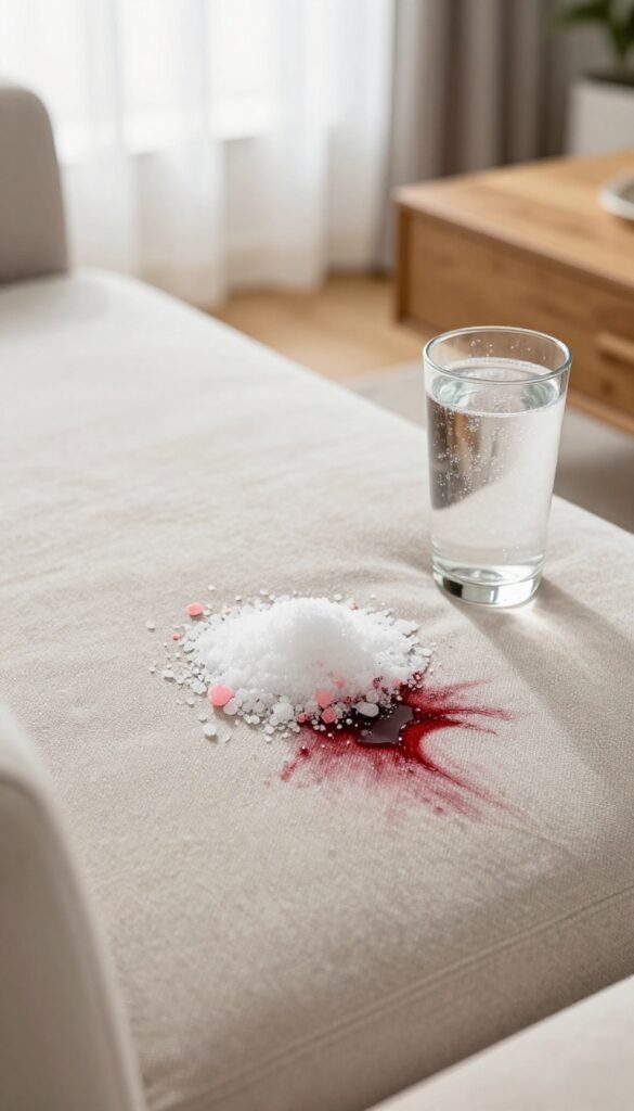 Close-up of salt absorbing red wine stain on light beige couch cushion with club soda nearby