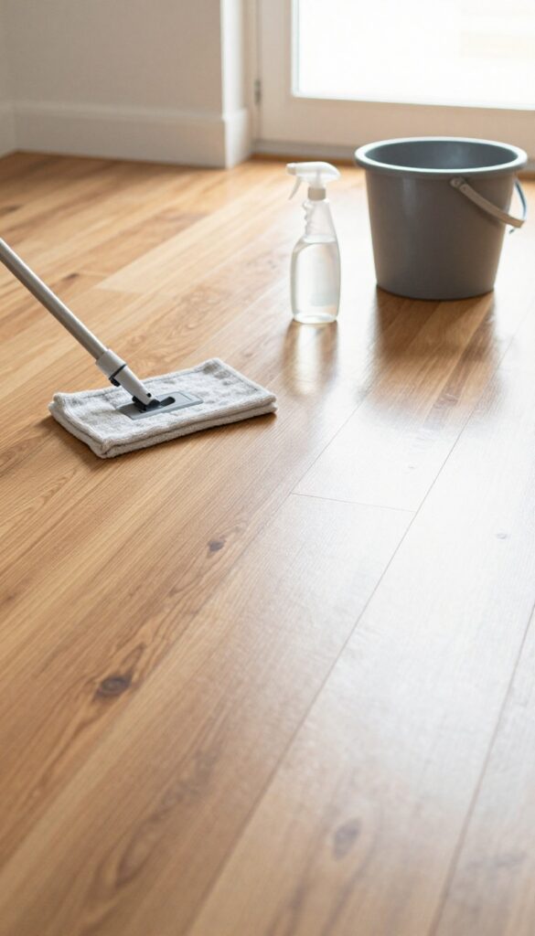 Neutral pH floor cleaner being used on a hardwood floor with a microfiber mop