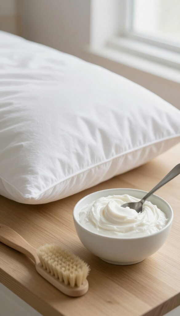 Close-up of a white pillow with cream of tartar and hydrogen peroxide paste being applied with a brush, natural light, clean composition.