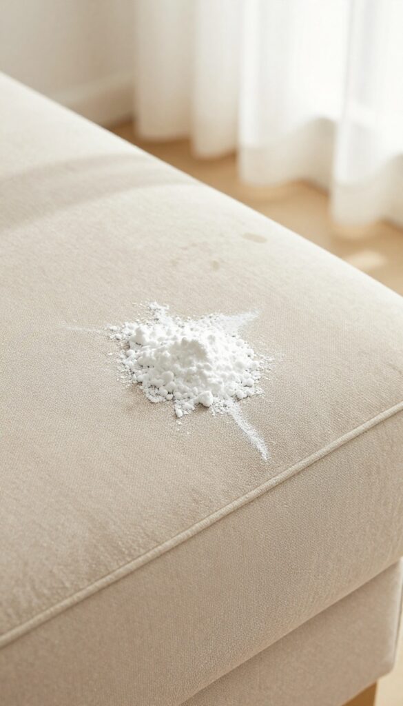 Cornstarch applied to a greasy spot on a microfiber couch armrest