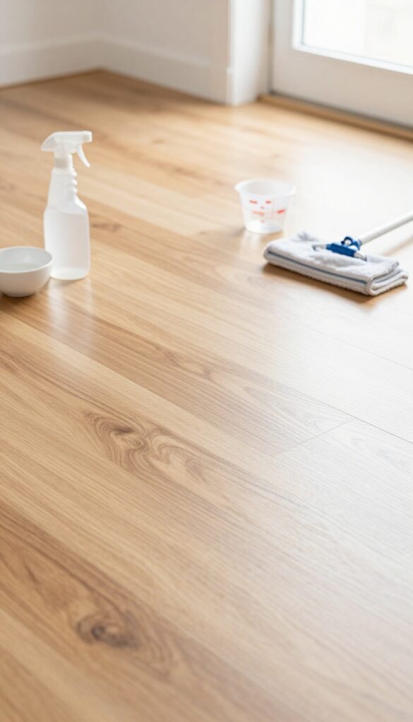 Vinegar and water solution for cleaning hardwood floors with spray bottle and microfiber mop