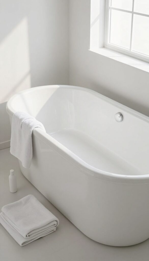 Empty bathtub with all items cleared onto a towel, bright natural light, clean and clutter-free bathroom scene