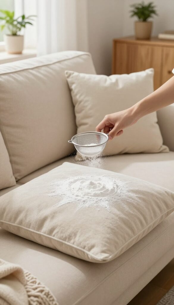 Person sprinkling baking soda on a beige couch for deodorizing