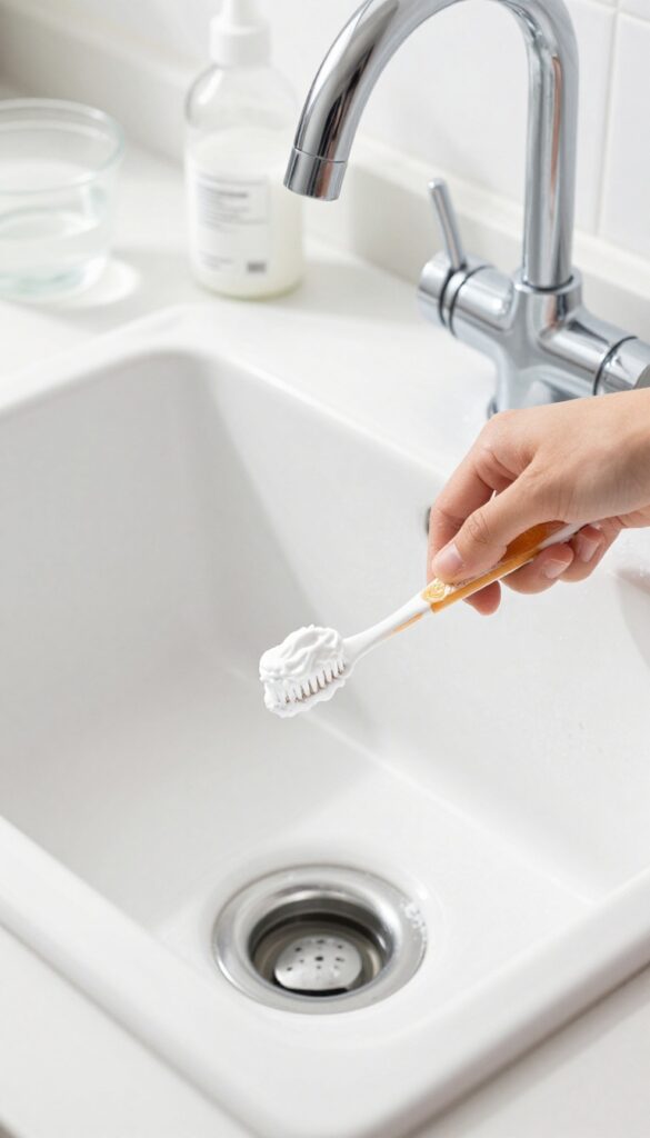 Hand scrubbing under sink rim with toothbrush and baking soda paste