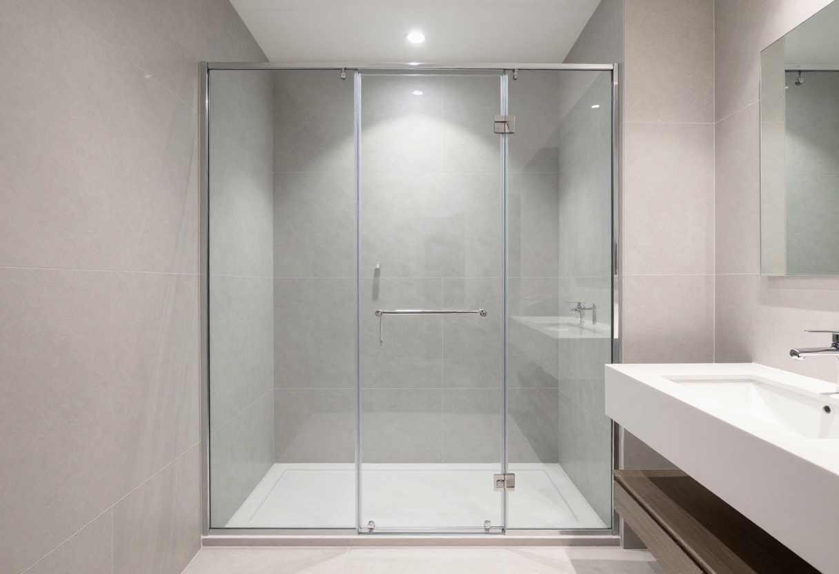 Small bathroom with glass corner shower and floating vanity