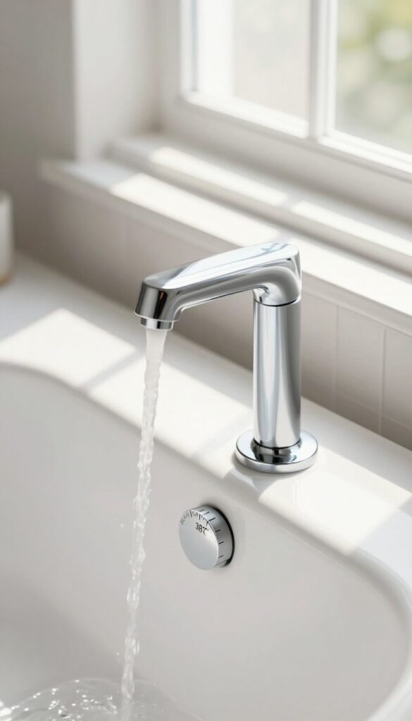 Modern thermostatic mixer tap on a bathtub with water flowing, bright natural light, clean bathroom setting